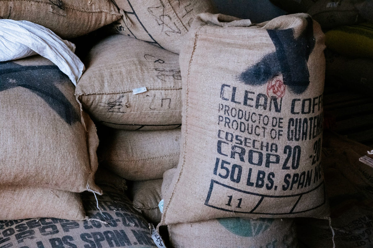 Sacks of green coffee marked Product of Guatemala