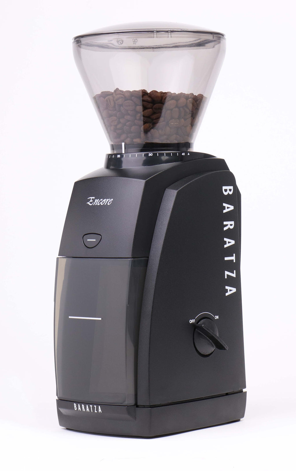Baratza Encore coffee grinder in black, three-quarter view