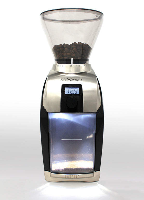 Baratza Virtuoso Plus grinder with illuminated grounds bin