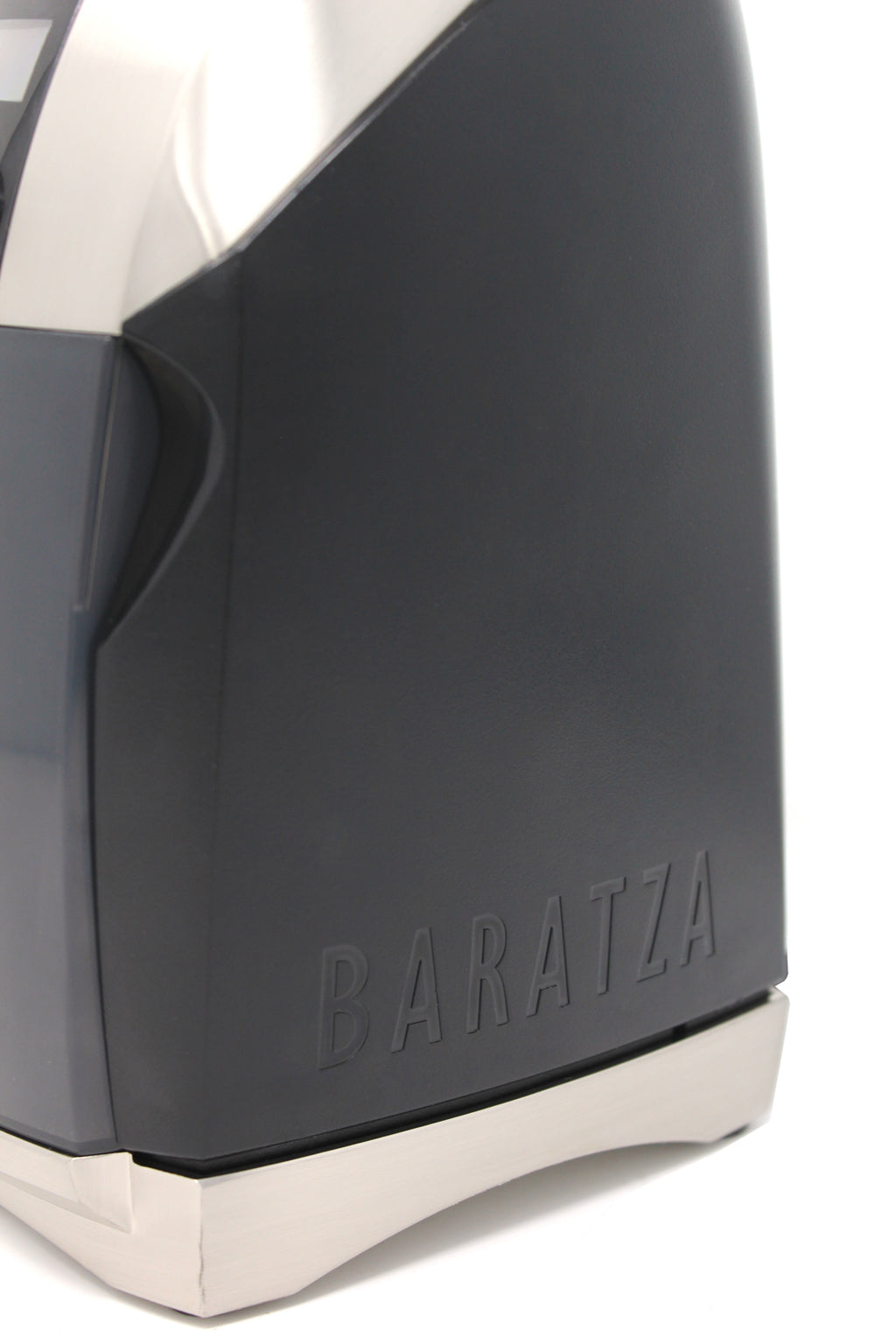 Baratza Virtuoso Plus grinder, quarter view showing logo