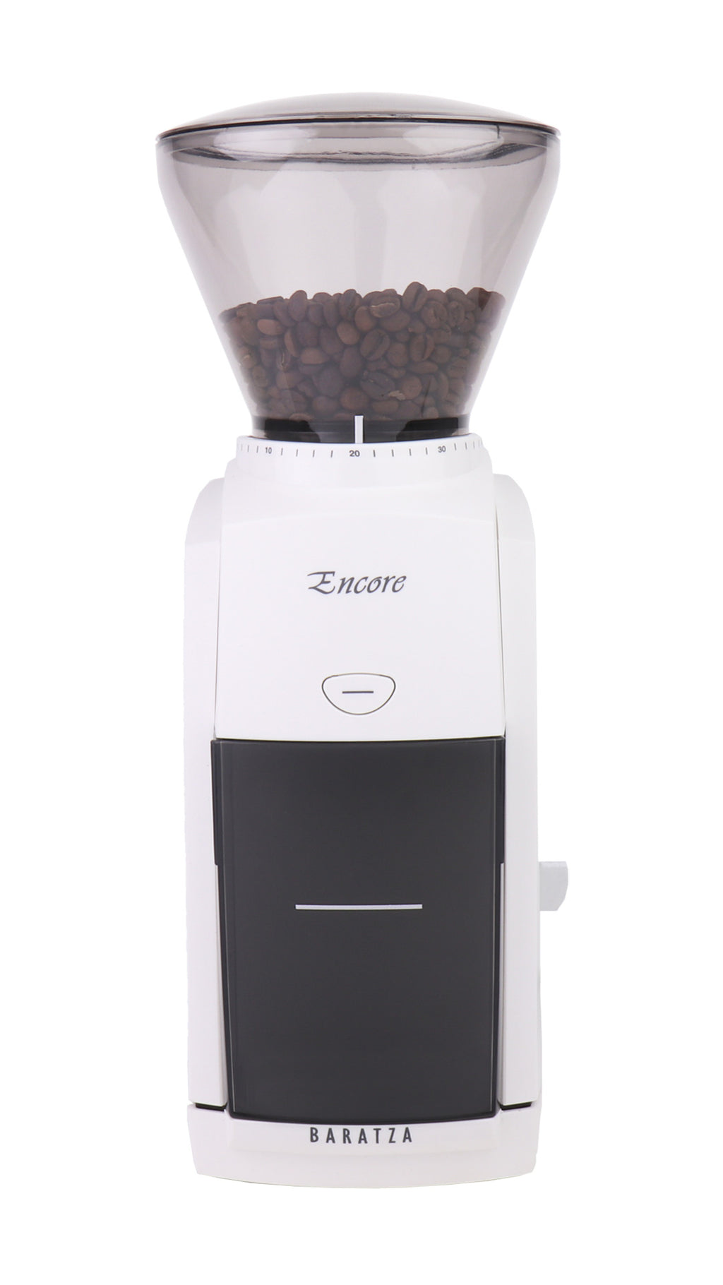 Baratza Encore coffee grinder in white, front view