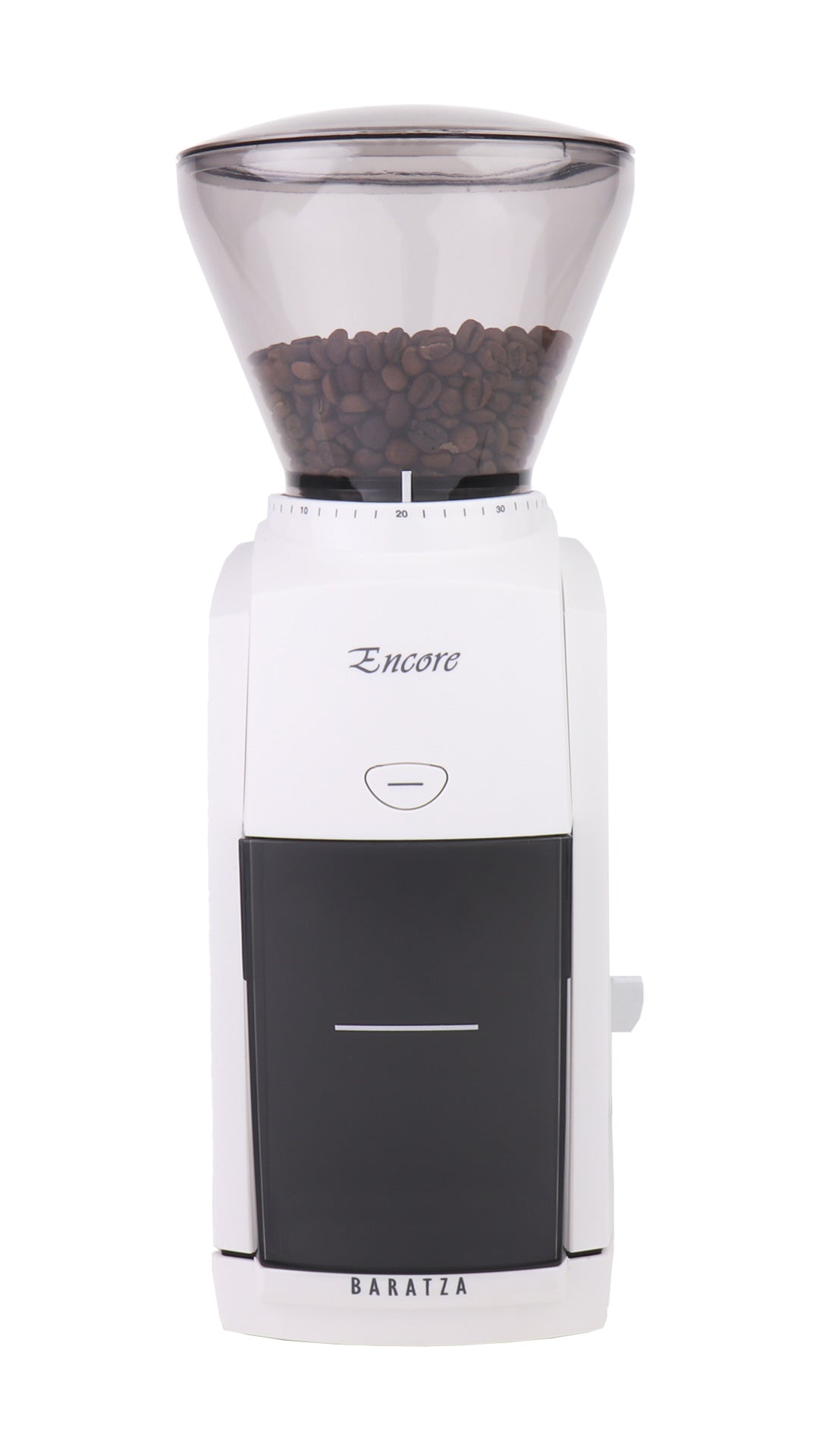 Baratza Encore coffee grinder in white, front view