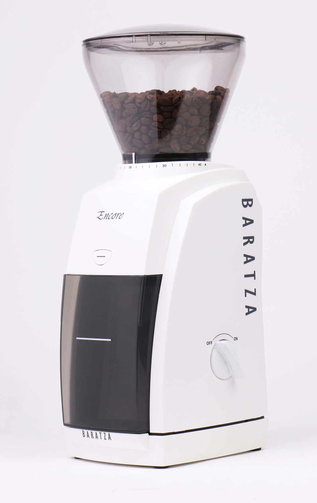 Baratza Encore coffee grinder in white, three-quarter view